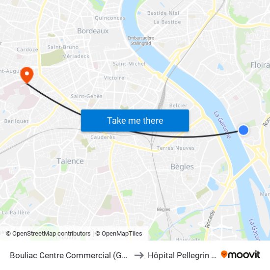 Bouliac Centre Commercial (Gabarre) to Hôpital Pellegrin CHU map
