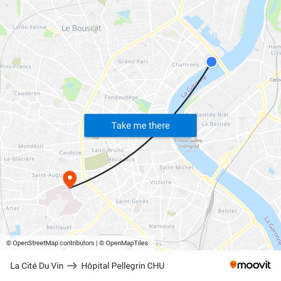 La Cité Du Vin to Hôpital Pellegrin CHU map