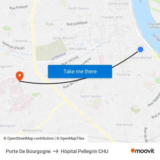 Porte De Bourgogne to Hôpital Pellegrin CHU map