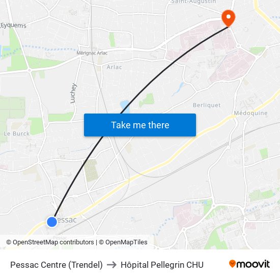 Pessac Centre (Trendel) to Hôpital Pellegrin CHU map