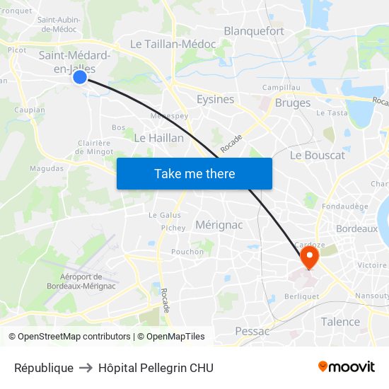 République to Hôpital Pellegrin CHU map