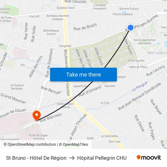 St Bruno - Hôtel De Région to Hôpital Pellegrin CHU map
