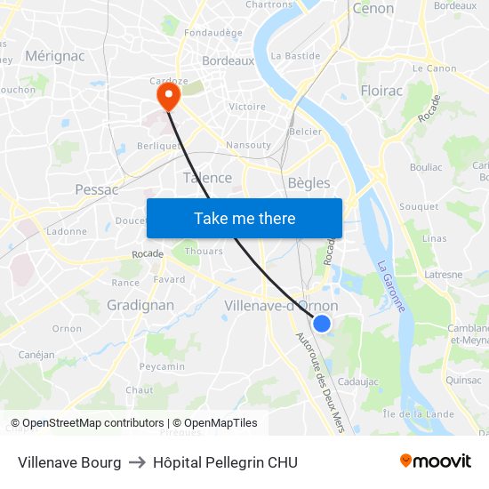 Villenave Bourg to Hôpital Pellegrin CHU map