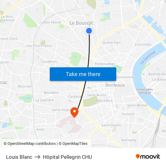 Louis Blanc to Hôpital Pellegrin CHU map