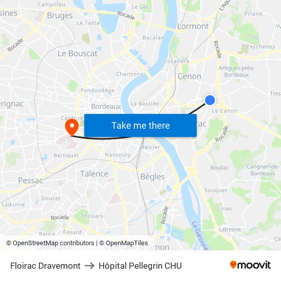 Floirac Dravemont to Hôpital Pellegrin CHU map