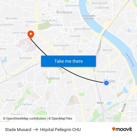 Stade Musard to Hôpital Pellegrin CHU map