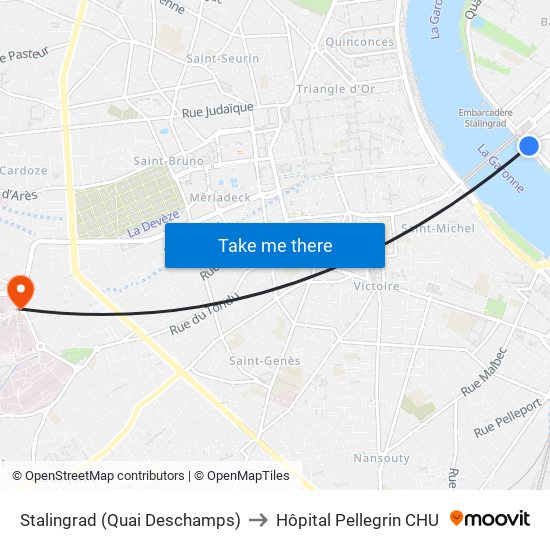 Stalingrad (Quai Deschamps) to Hôpital Pellegrin CHU map