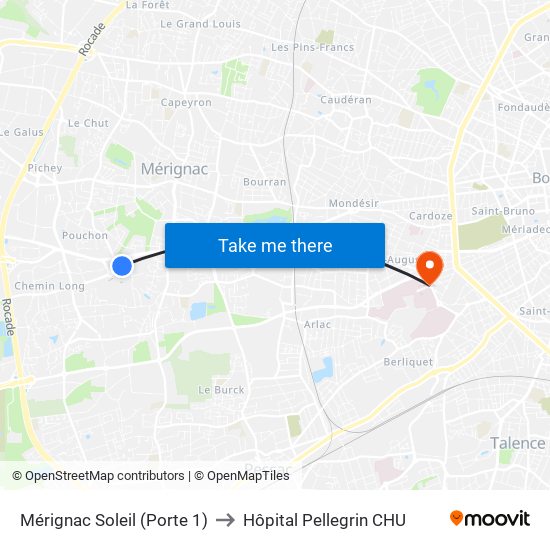 Mérignac Soleil (Porte 1) to Hôpital Pellegrin CHU map