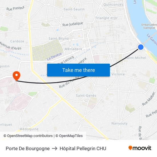 Porte De Bourgogne to Hôpital Pellegrin CHU map