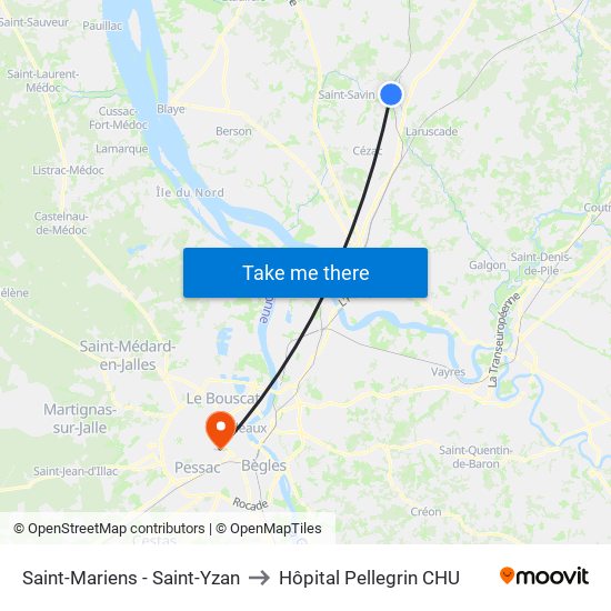 Saint-Mariens - Saint-Yzan to Hôpital Pellegrin CHU map