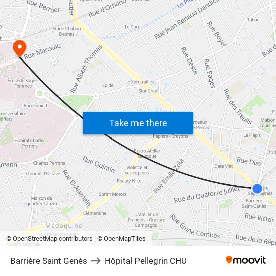 Barrière Saint Genès to Hôpital Pellegrin CHU map