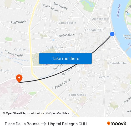 Place De La Bourse to Hôpital Pellegrin CHU map