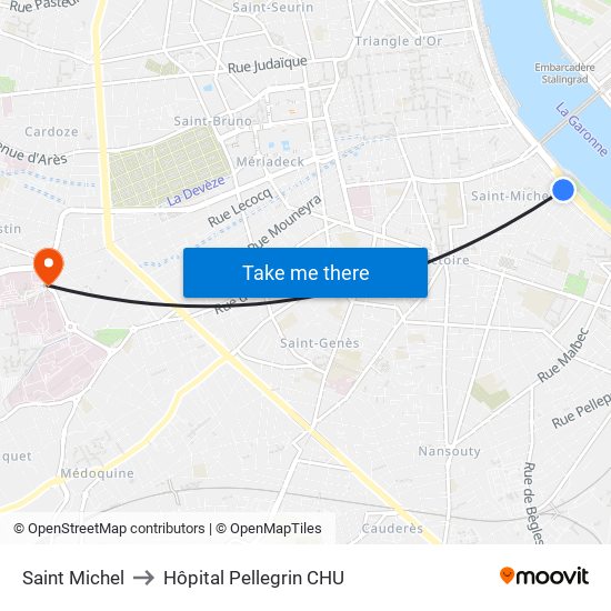 Saint Michel to Hôpital Pellegrin CHU map