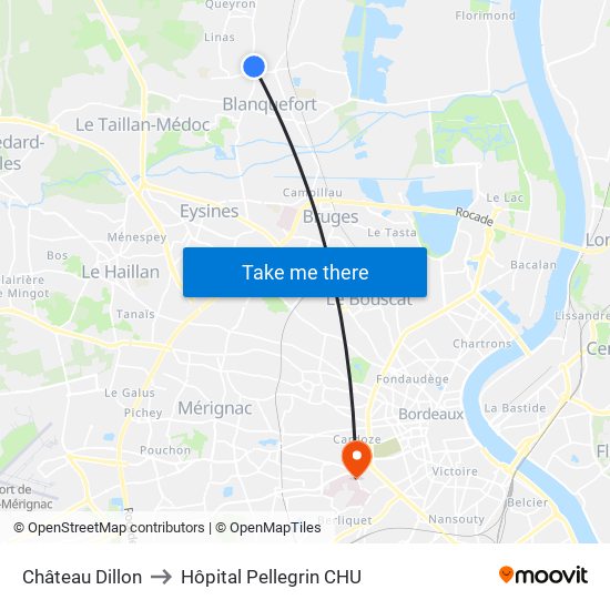 Château Dillon to Hôpital Pellegrin CHU map