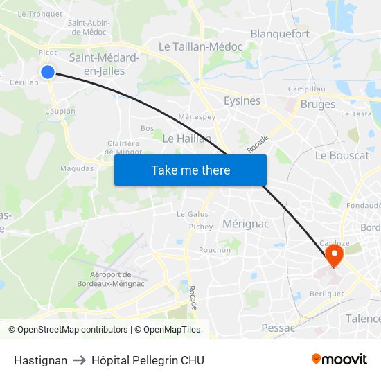 Hastignan to Hôpital Pellegrin CHU map