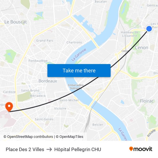 Place Des 2 Villes to Hôpital Pellegrin CHU map