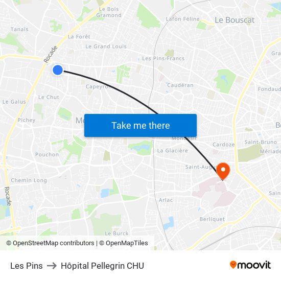 Les Pins to Hôpital Pellegrin CHU map