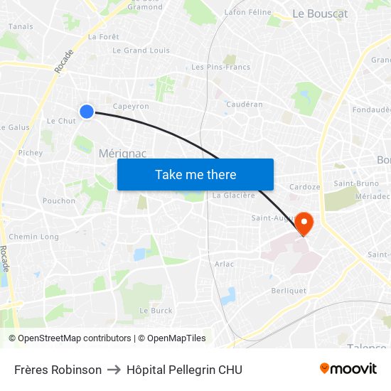 Frères Robinson to Hôpital Pellegrin CHU map
