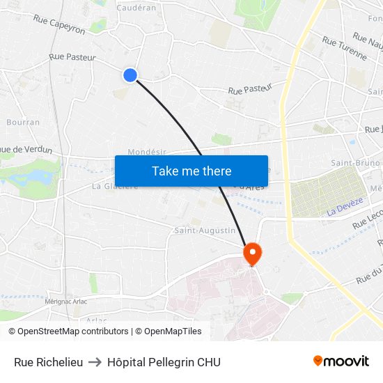 Rue Richelieu to Hôpital Pellegrin CHU map