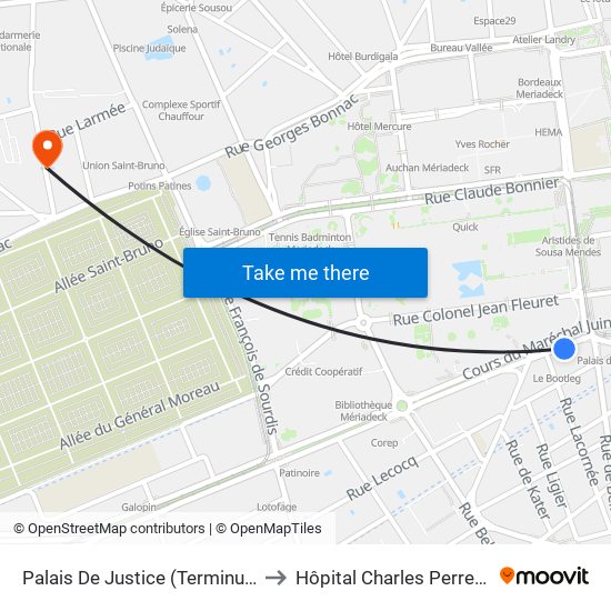 Palais De Justice (Terminus) to Hôpital Charles Perrens map