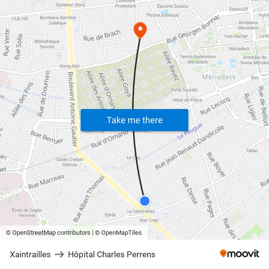 Xaintrailles to Hôpital Charles Perrens map