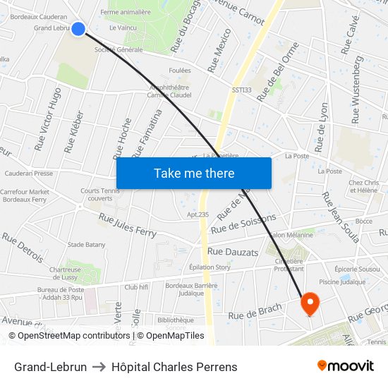 Grand-Lebrun to Hôpital Charles Perrens map