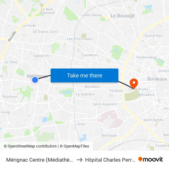 Mérignac Centre (Médiathèque) to Hôpital Charles Perrens map