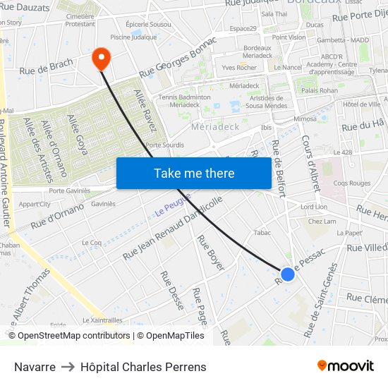 Navarre to Hôpital Charles Perrens map