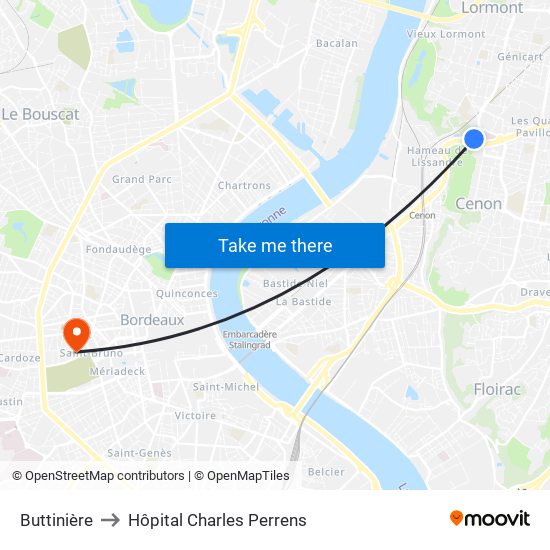 Buttinière to Hôpital Charles Perrens map