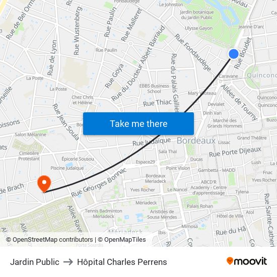 Jardin Public to Hôpital Charles Perrens map