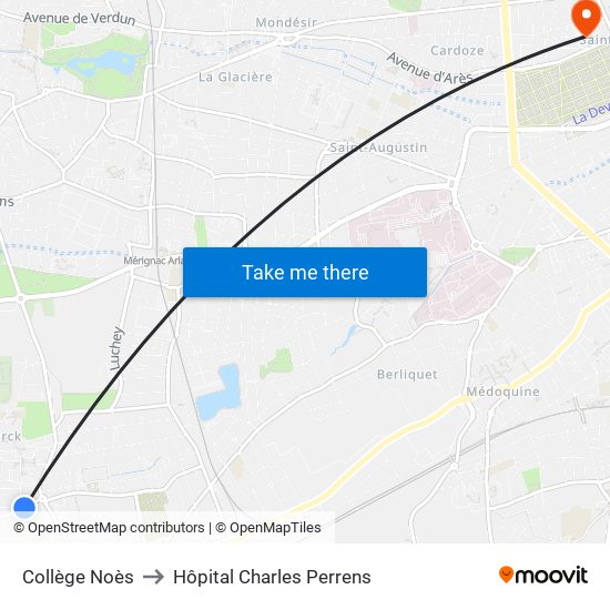 Collège Noès to Hôpital Charles Perrens map