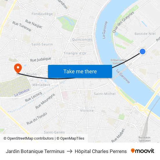 Jardin Botanique Terminus to Hôpital Charles Perrens map