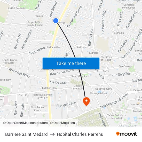 Barrière Saint Médard to Hôpital Charles Perrens map