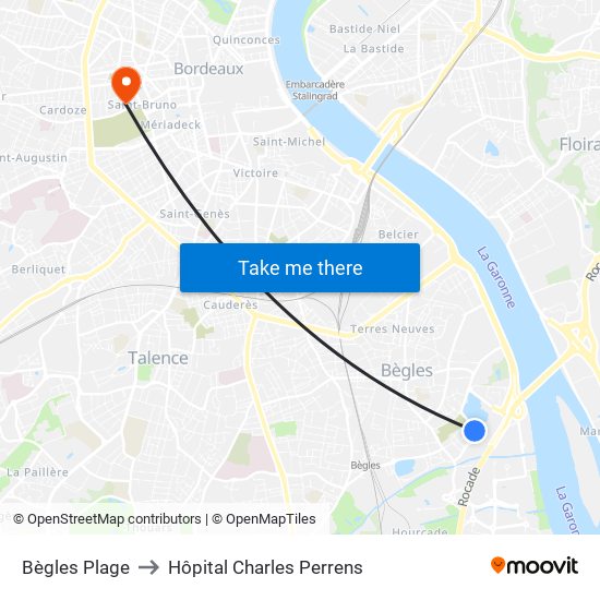Bègles Plage to Hôpital Charles Perrens map