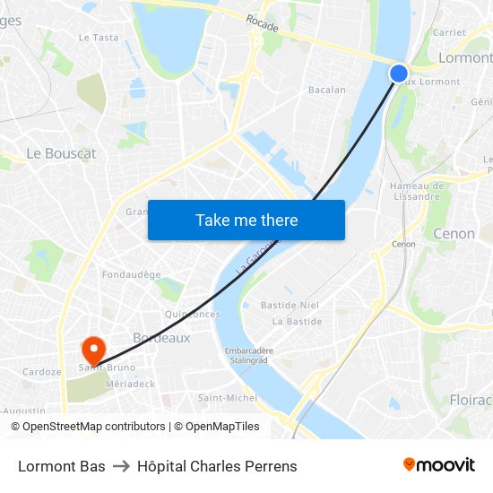 Lormont Bas to Hôpital Charles Perrens map