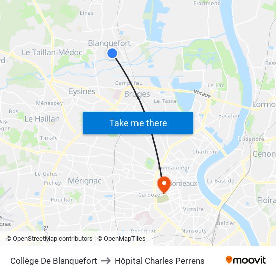 Collège De Blanquefort to Hôpital Charles Perrens map