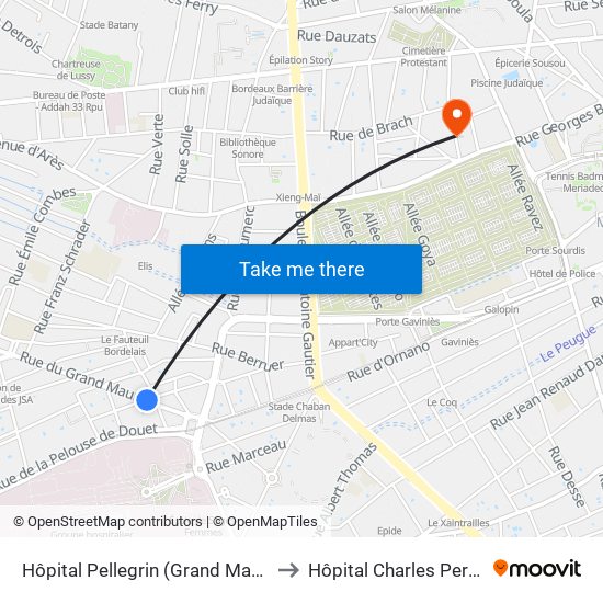 Hôpital Pellegrin (Grand Maurian) to Hôpital Charles Perrens map