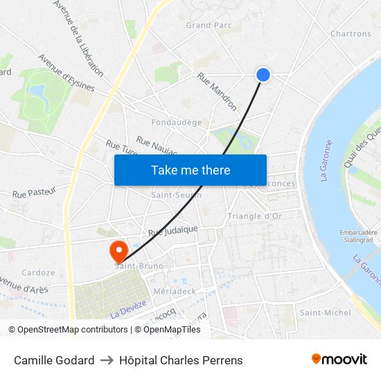 Camille Godard to Hôpital Charles Perrens map