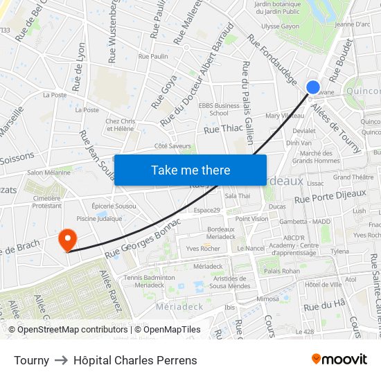 Tourny to Hôpital Charles Perrens map