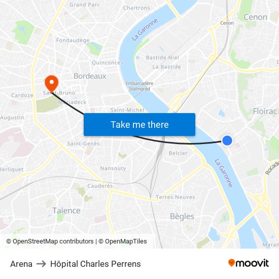 Arena to Hôpital Charles Perrens map