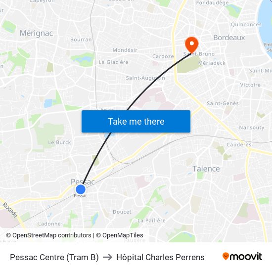 Pessac Centre (Tram B) to Hôpital Charles Perrens map