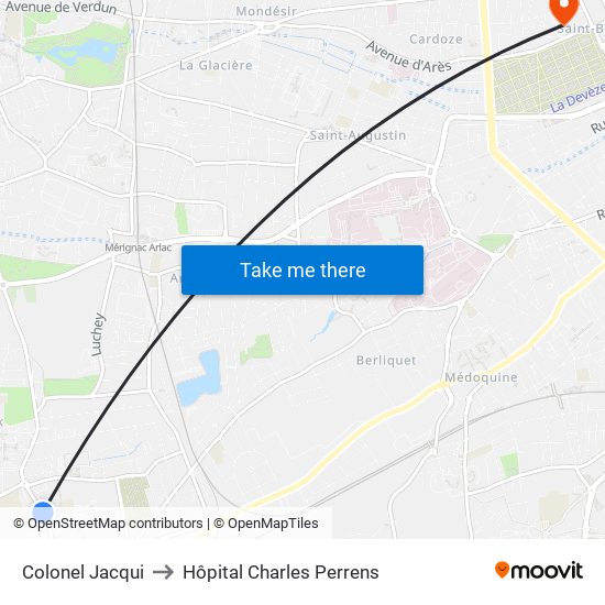 Colonel Jacqui to Hôpital Charles Perrens map