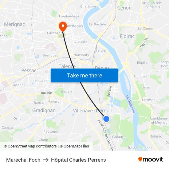 Maréchal Foch to Hôpital Charles Perrens map