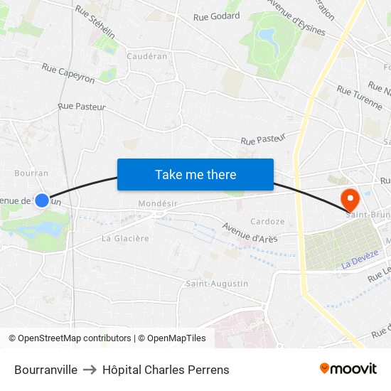Bourranville to Hôpital Charles Perrens map