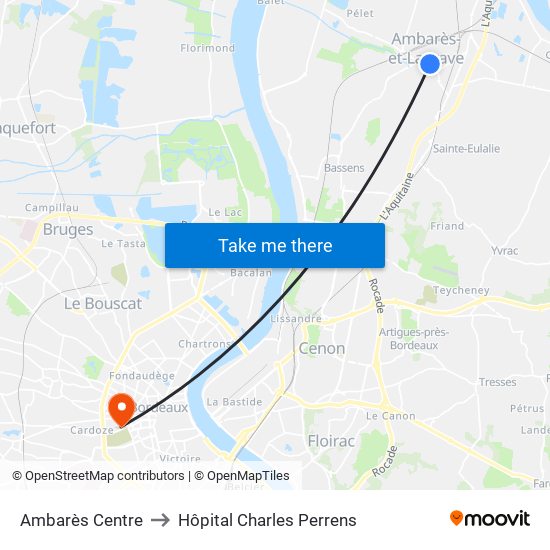 Ambarès Centre to Hôpital Charles Perrens map