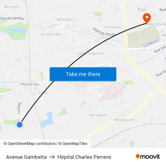 Avenue Gambetta to Hôpital Charles Perrens map