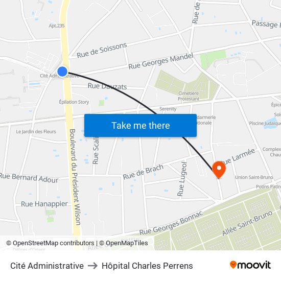 Cité Administrative to Hôpital Charles Perrens map