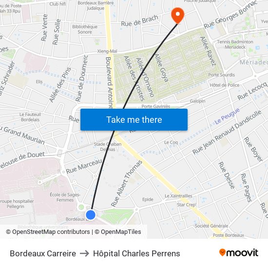 Bordeaux Carreire to Hôpital Charles Perrens map