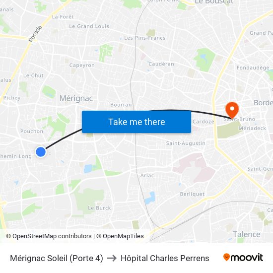 Mérignac Soleil (Porte 4) to Hôpital Charles Perrens map