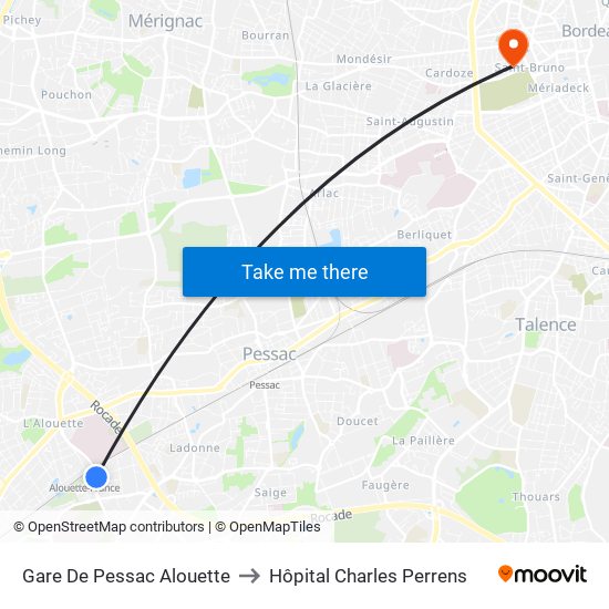 Gare De Pessac Alouette to Hôpital Charles Perrens map